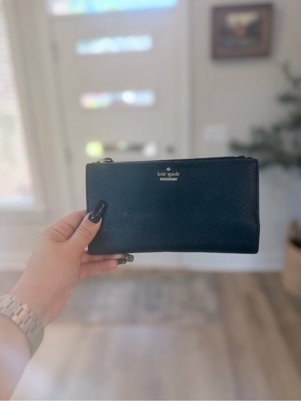 kate spade Black Saffiano Zip Wallet with Gold Logo